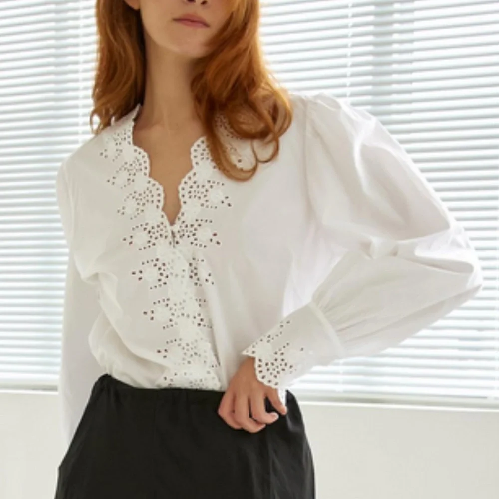 Embroidered Hollowed Out Eyelett Neckline Button Up Blouse with Balloon Sleeves - Picture 4 of 6